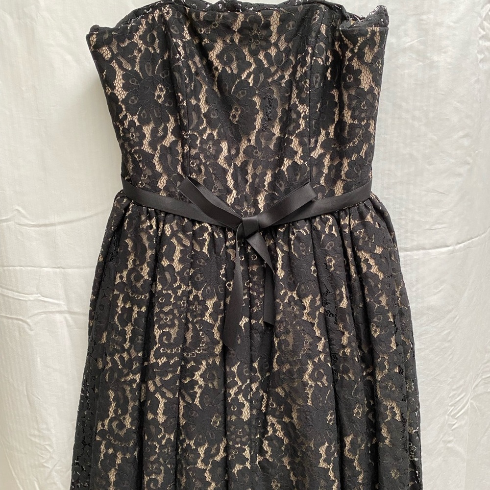 Strapless black lace cocktail dress